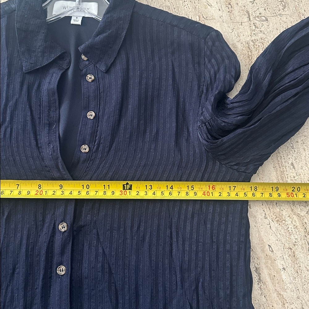 WITCHERY Stripe Pintuck Dress Navy Drop Shoulder, Waist Dress Button Front Sz 8 - Picture 12 of 15